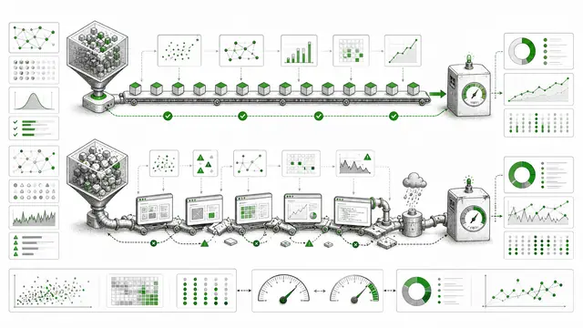 Editorial illustration of AI agents navigating browser workflows, tools, and benchmarks.